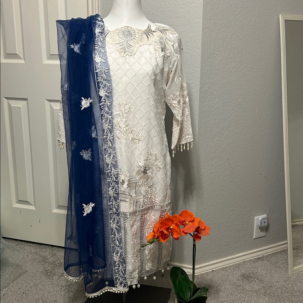 Elegant White and Blue Embroidered Dress